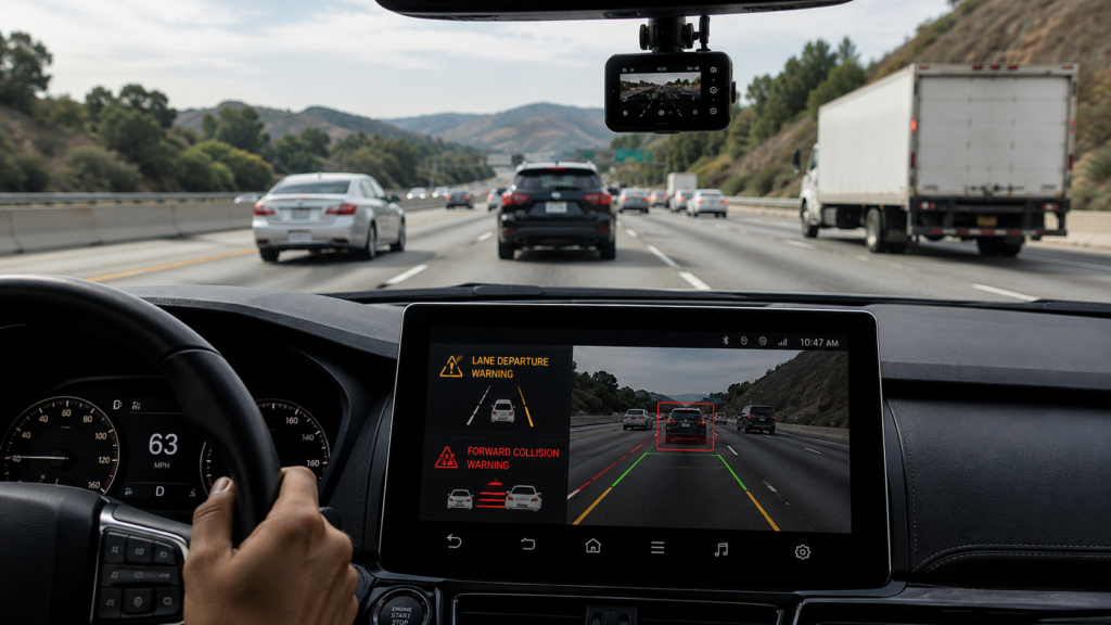 AI dashboard displaying lane departure warning and forward collision detection