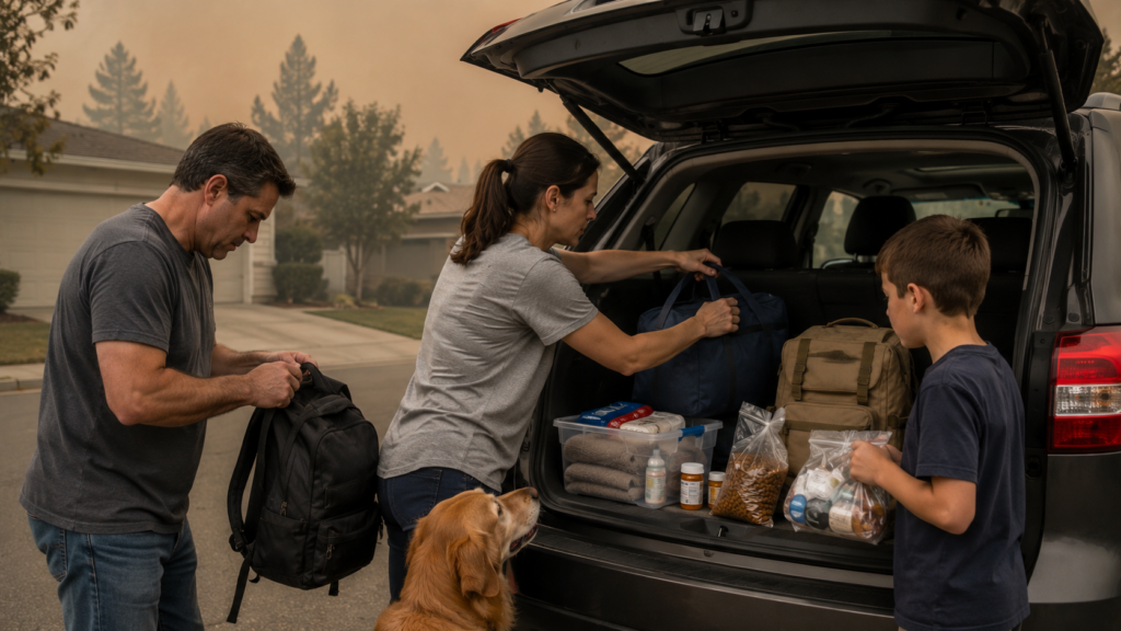 Family preparing a vehicle for evacuation during a wildfire emergency