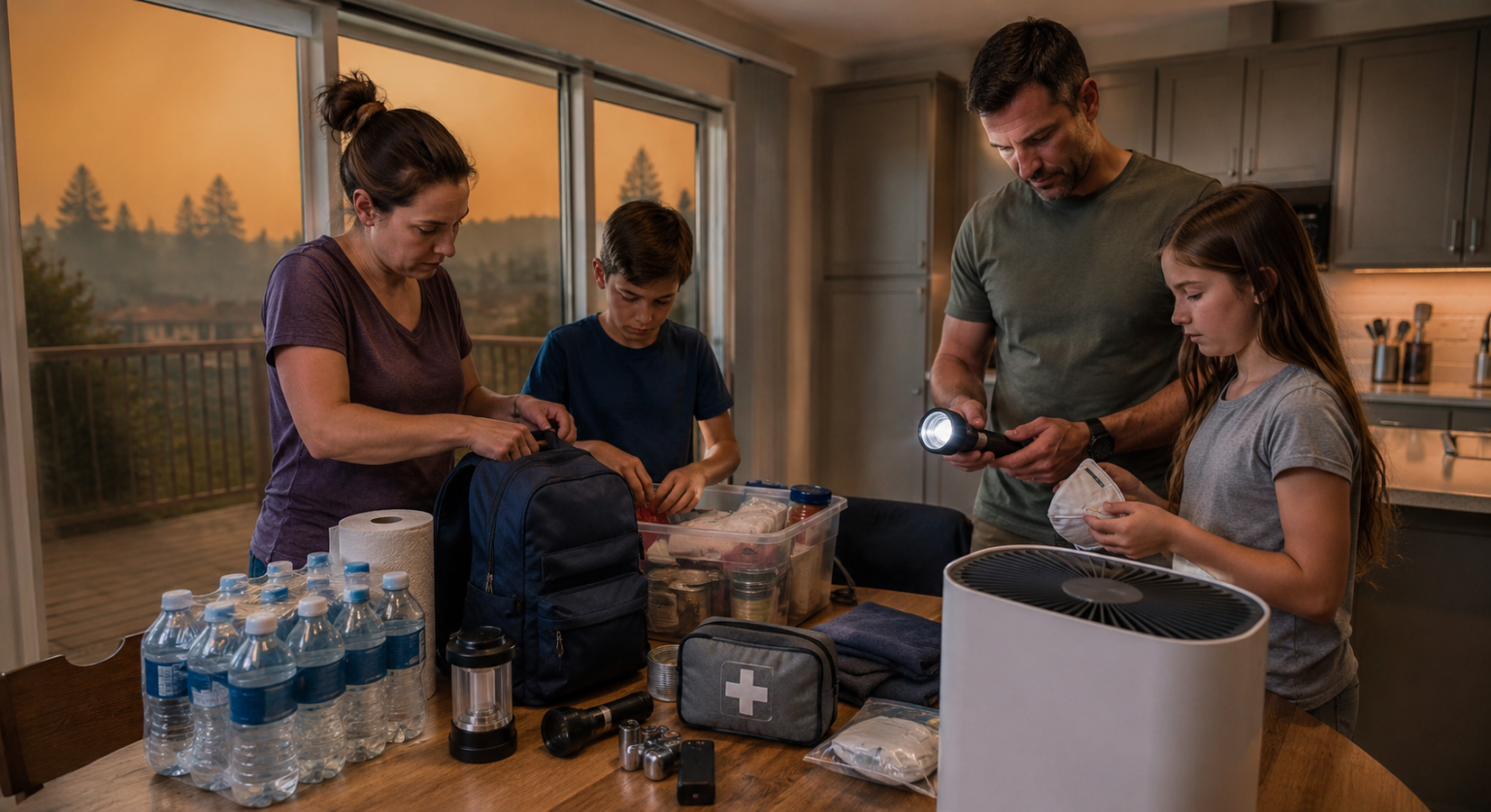 Family preparing emergency supplies for wildfire smoke and a possible power outage