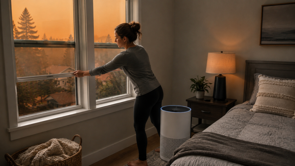 Homeowner setting up a clean-air room with a portable air purifier during wildfire smoke