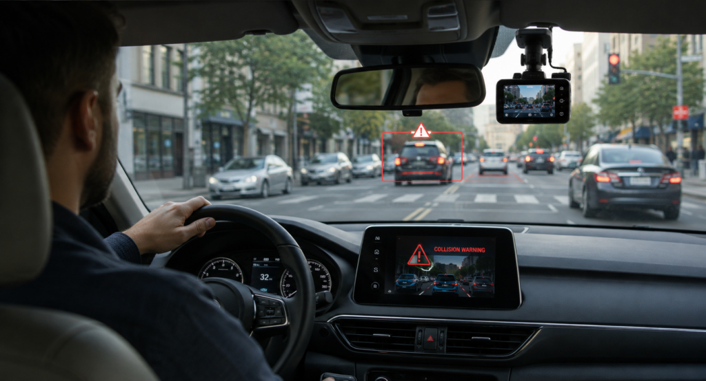Modern vehicle interior equipped with an AI-powered dashcam detecting traffic hazards in real time