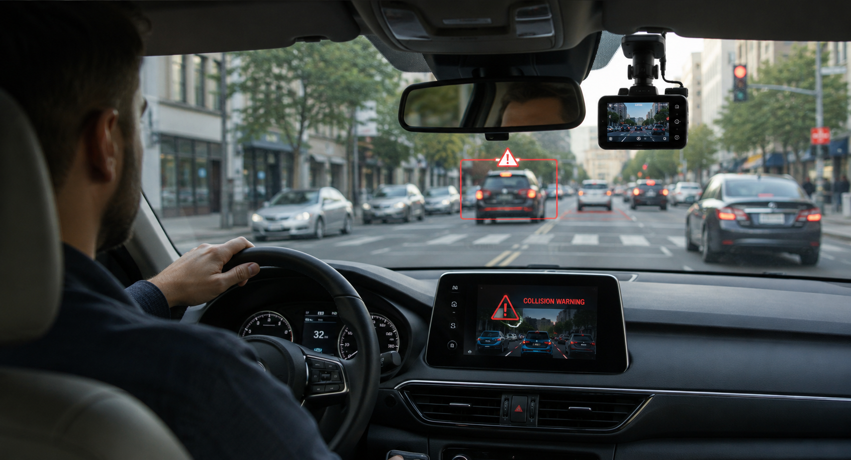 Modern vehicle interior equipped with an AI-powered dashcam detecting traffic hazards in real time