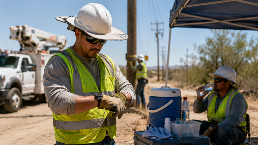 Outdoor worker wearing a heat stress and fatigue monitoring device