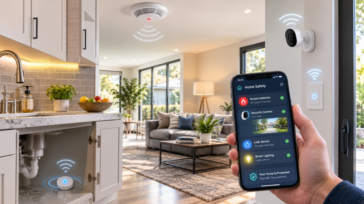 Smart home safety system monitoring multiple household hazards in real time