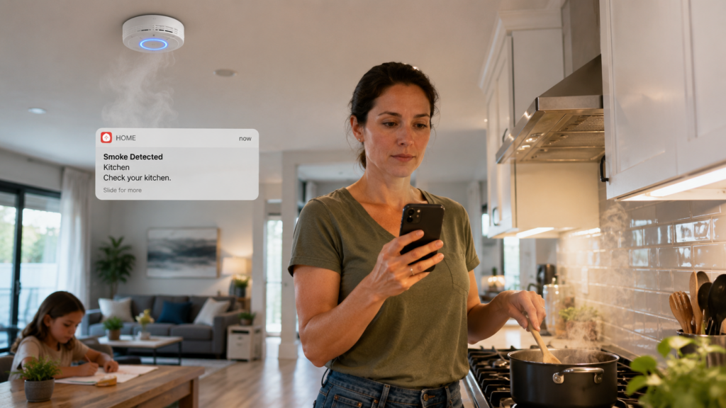 Smart smoke detector sending an emergency alert to a homeowner