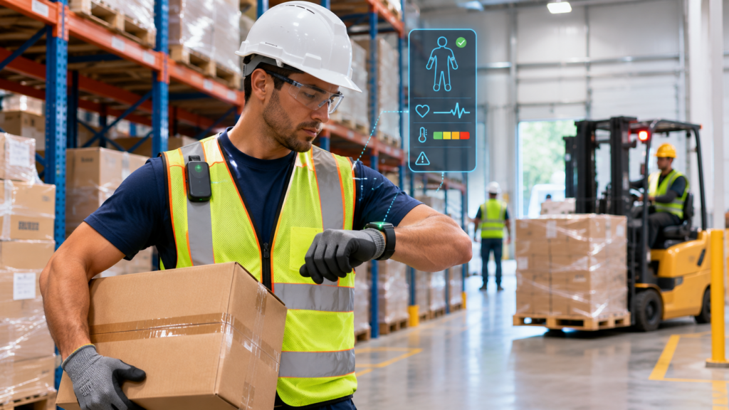 Warehouse worker using wearable safety technology to monitor workplace hazards