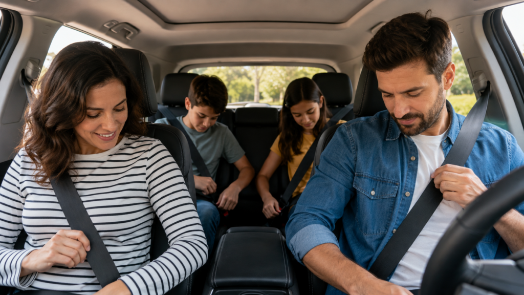 Family fastening front and rear seat belts before a road trip