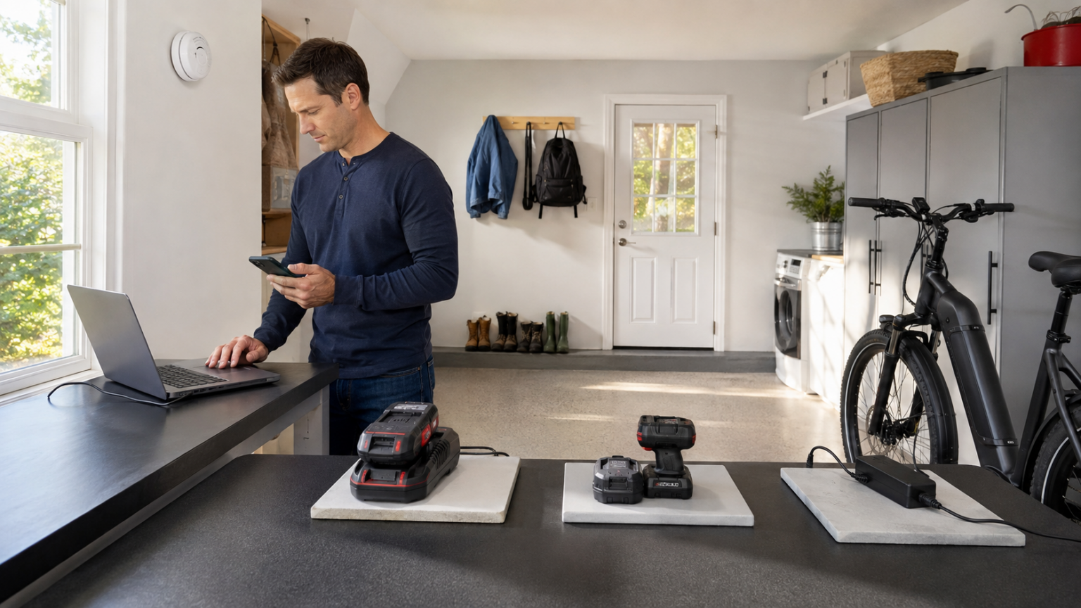 Homeowner following safe lithium-ion battery charging practices at home