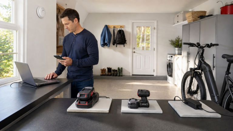 Homeowner following safe lithium-ion battery charging practices at home