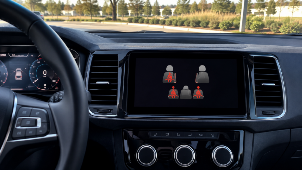 Modern vehicle dashboard showing front and rear seat belt reminder indicators
