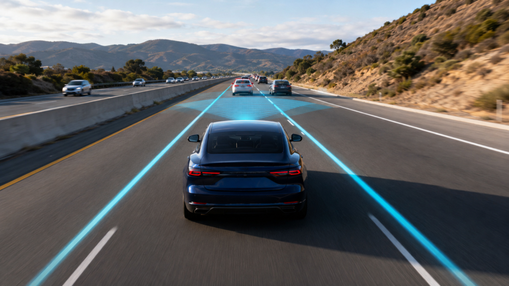 Properly calibrated driver assistance system monitoring traffic and lane markings