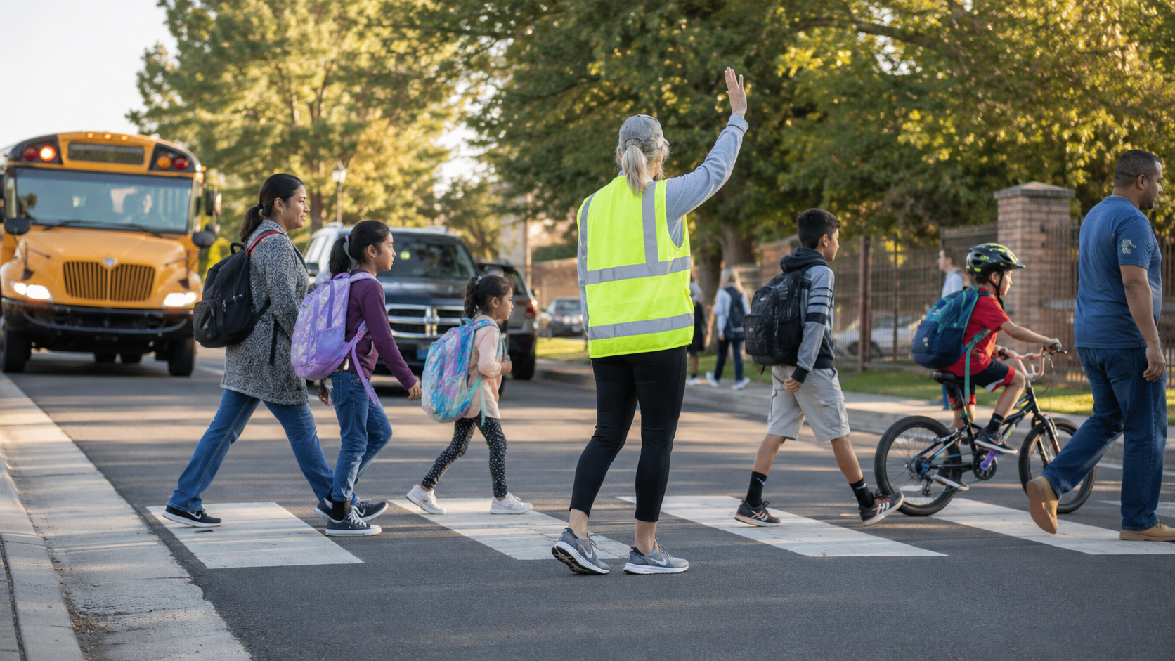 Children and families following back-to-school travel safety practices near a school zone