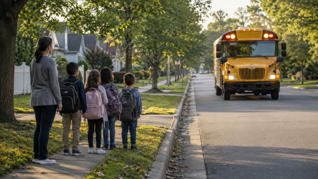Children waiting safely away from the curb at a school bus stop