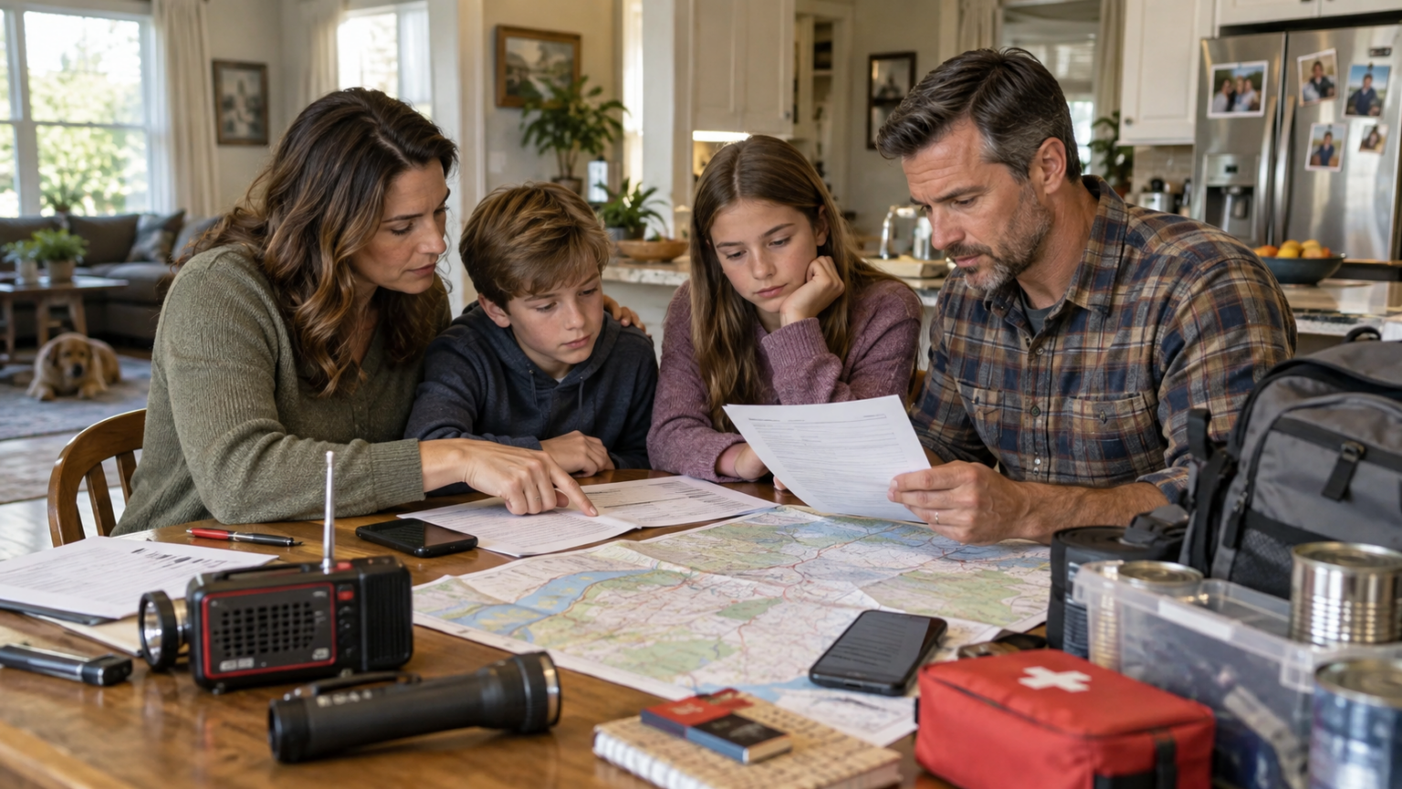 Family creating an emergency communication plan before a disaster