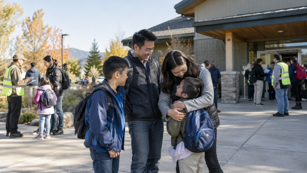 Family practicing how to reunite at an emergency meeting location