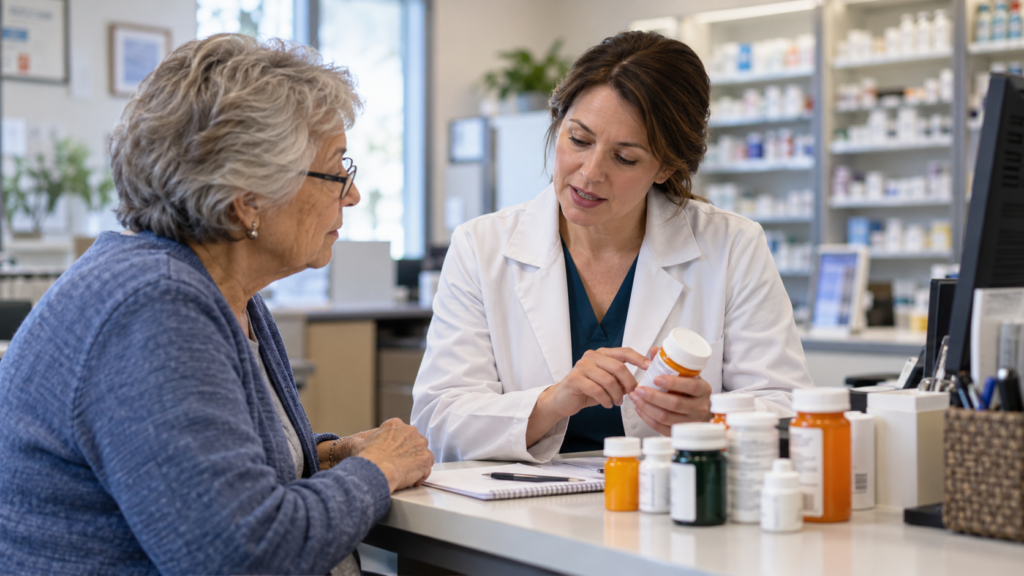 Older adult reviewing medications with a pharmacist to identify possible fall risks