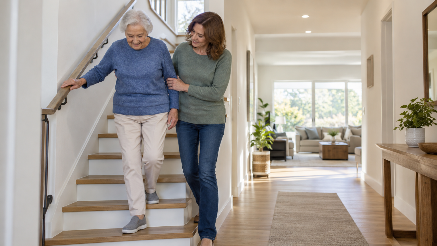 Older adult using a secure handrail in a well-lit home to reduce fall risks