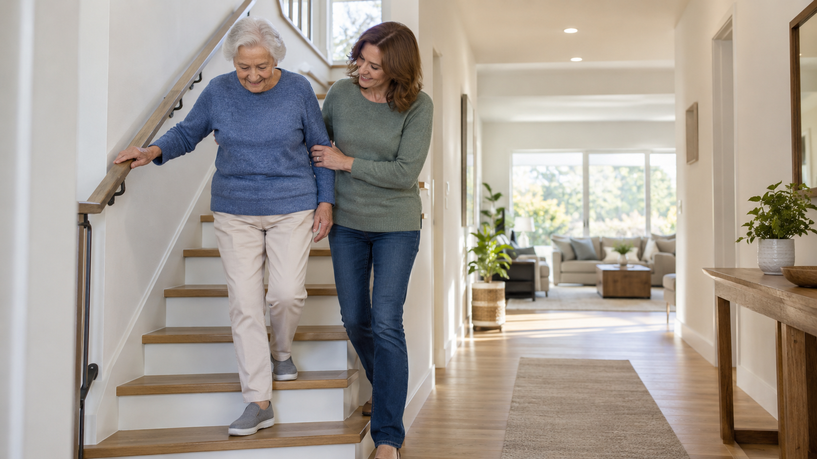 Older adult using a secure handrail in a well-lit home to reduce fall risks