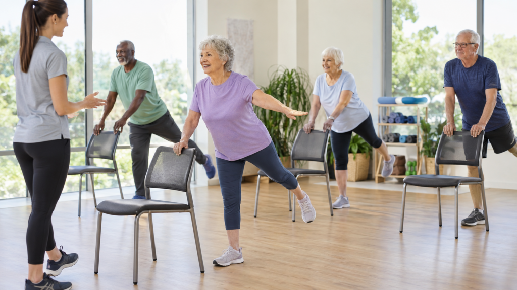 Older adults practicing strength and balance exercises for fall prevention