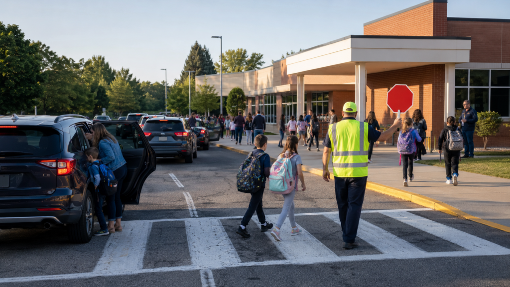 Parents and students following safe procedures in a school drop-off zone