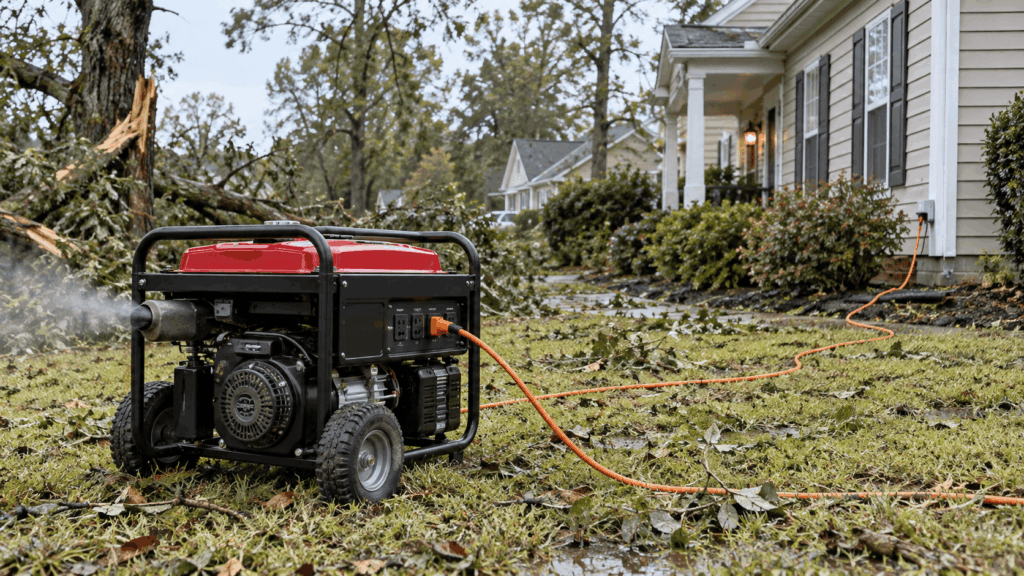 Portable generator positioned safely outdoors away from doors, windows, and vents