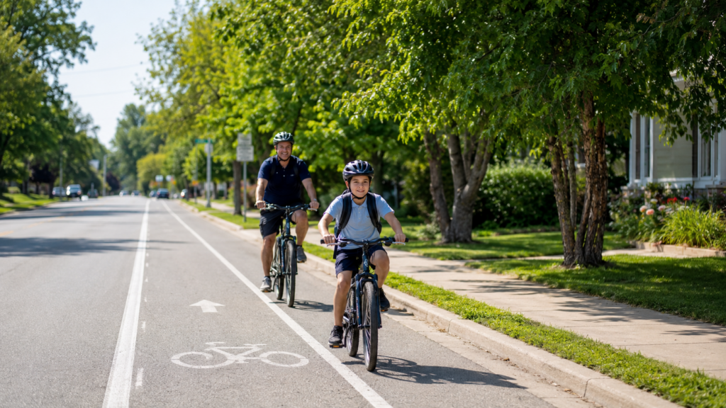 Student wearing a bicycle helmet while safely riding to school