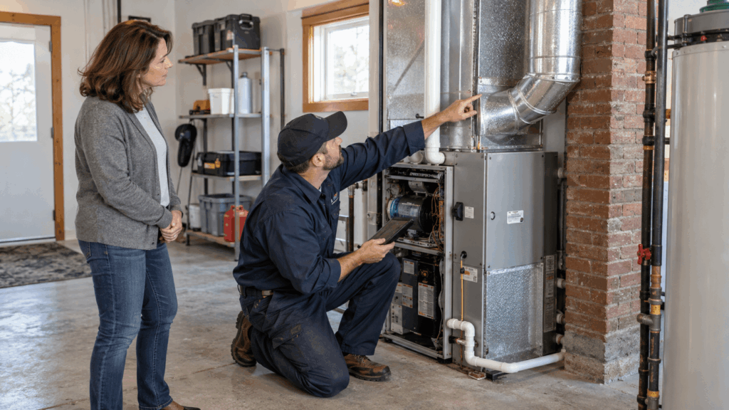 Technician inspecting a home furnace and venting system for carbon monoxide safety