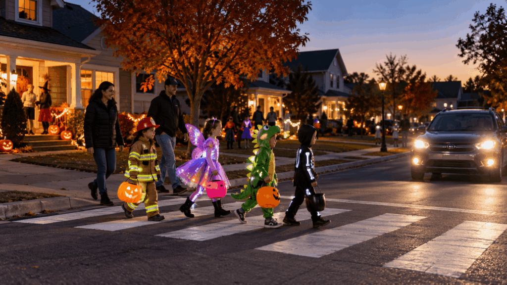 Children and parents following Halloween pedestrian safety practices while trick-or-treating
