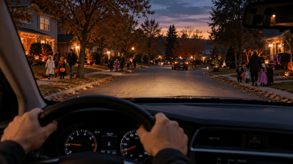 Driver slowing down and watching for trick-or-treaters on Halloween night