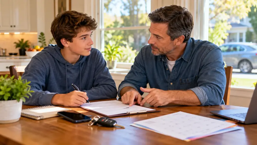 Parent and teenager reviewing a safe driving agreement at home