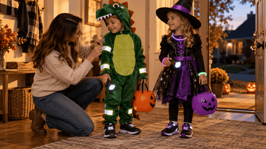 Parent preparing bright reflective Halloween costumes and flashlights for children