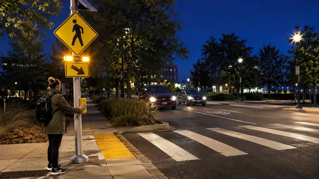 Pedestrian using a flashing crossing beacon at an illuminated intersection after dark