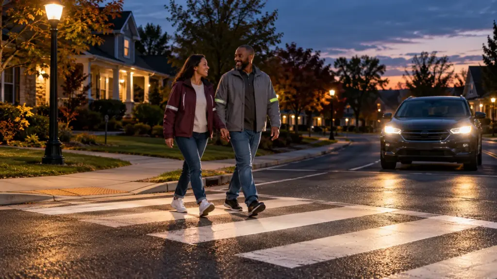 Pedestrians safely crossing a well-lit street at dusk while a driver yields