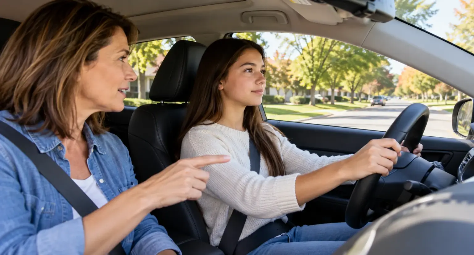Teen driver practicing safe driving with parental supervision