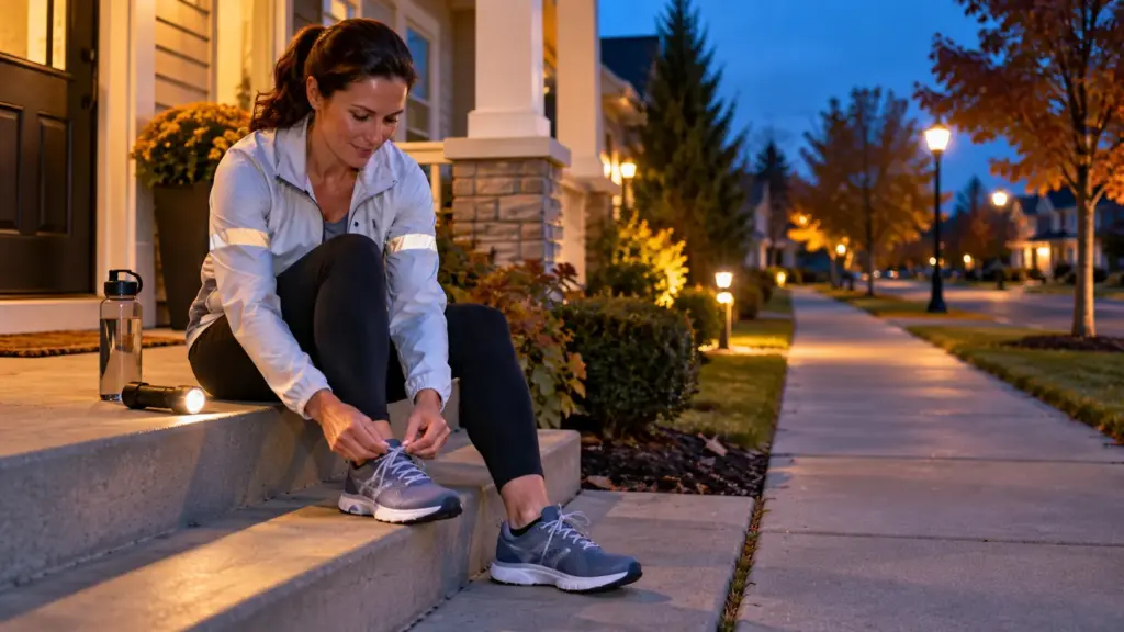 Woman preparing reflective clothing and a flashlight for an evening walk